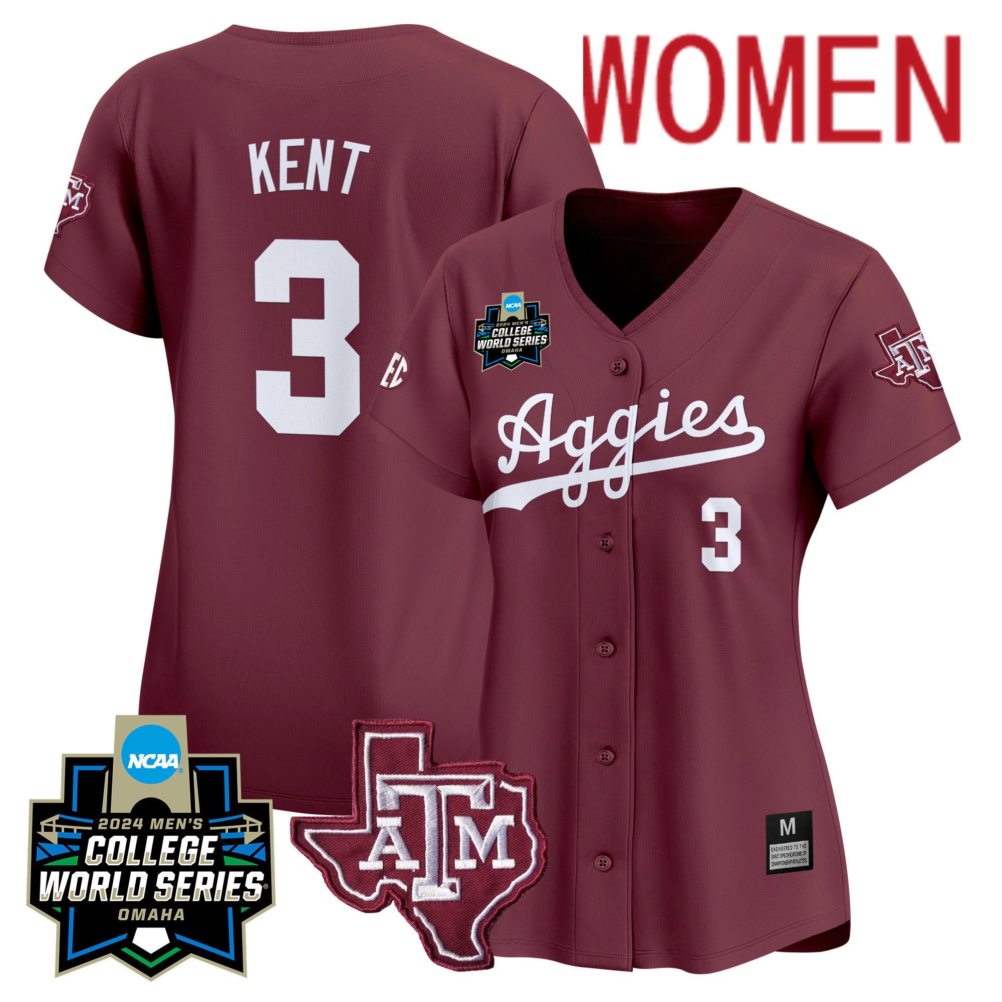 Women Texas A&M Aggies #3 Kent Red 2024 College World Series Vapor Premier Limited NCAA Jersey